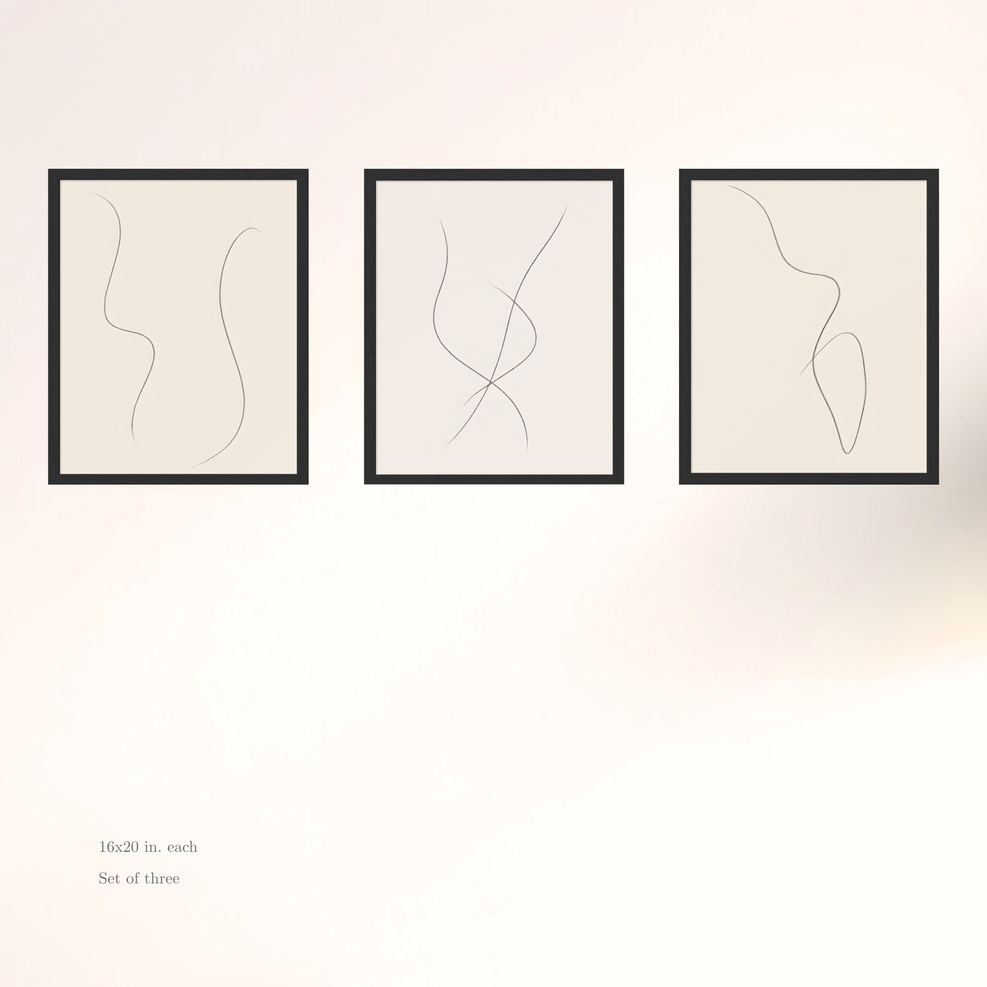 Three framed abstract line art prints on a white wall.