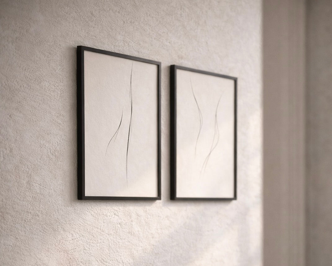 Two framed abstract artworks on a textured wall.