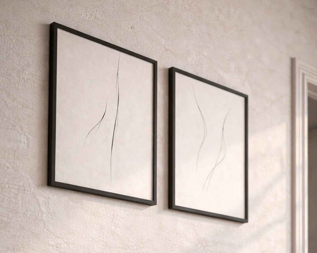 Two framed abstract artworks on a textured wall.