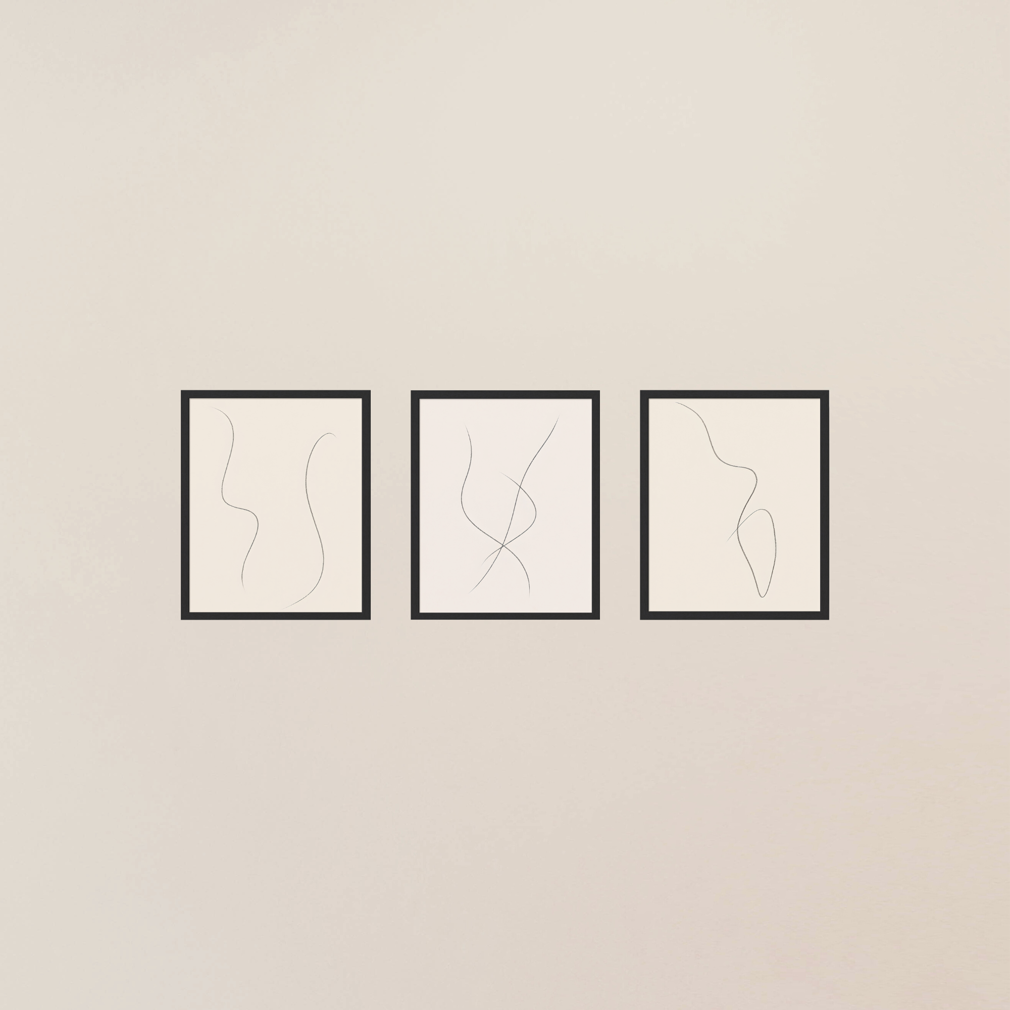 Three framed abstract line art pieces on a beige wall