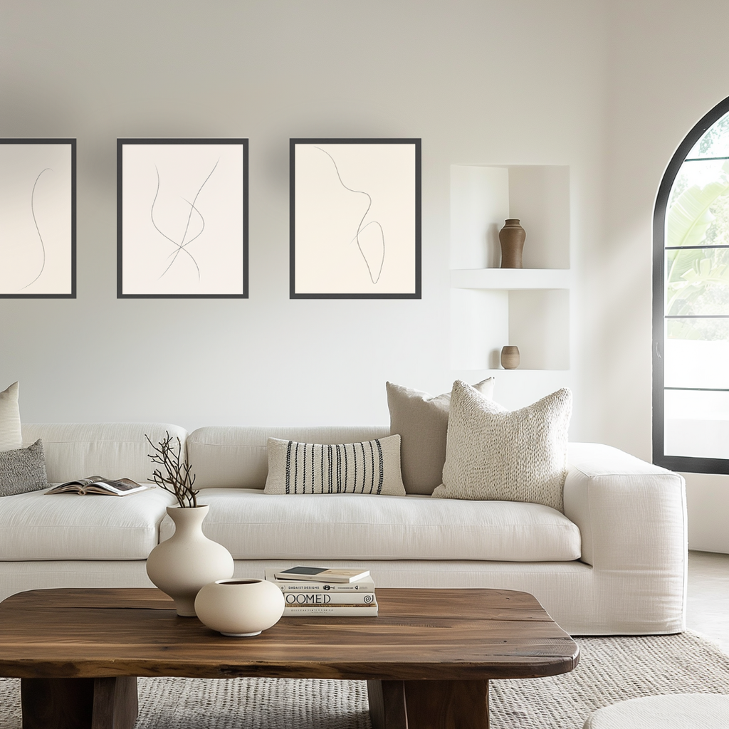 Modern living room with a white sofa, wooden coffee table, and abstract art on the wall.